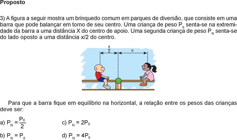 Uma criança de peso P 0 senta-se na extremidade da barra a uma distância X do centro de apoio.