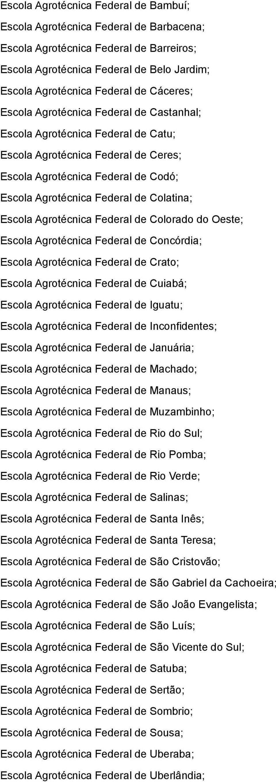 Escola Agrotécnica Federal de Colorado do Oeste; Escola Agrotécnica Federal de Concórdia; Escola Agrotécnica Federal de Crato; Escola Agrotécnica Federal de Cuiabá; Escola Agrotécnica Federal de