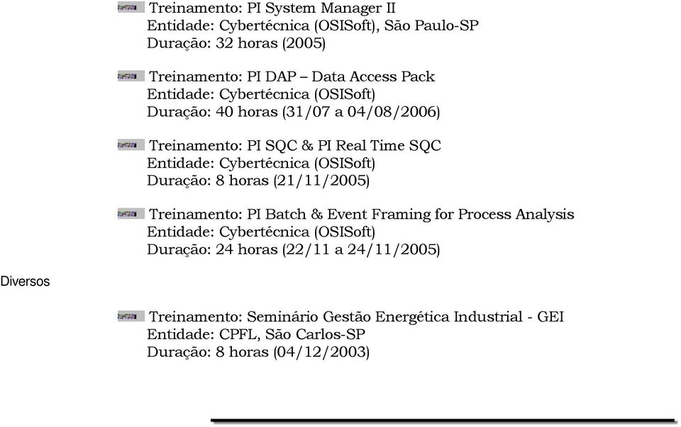 Duração: 8 horas (21/11/2005) Treinamento: PI Batch & Event Framing for Process Analysis Entidade: Cybertécnica (OSISoft) Duração: 24 horas