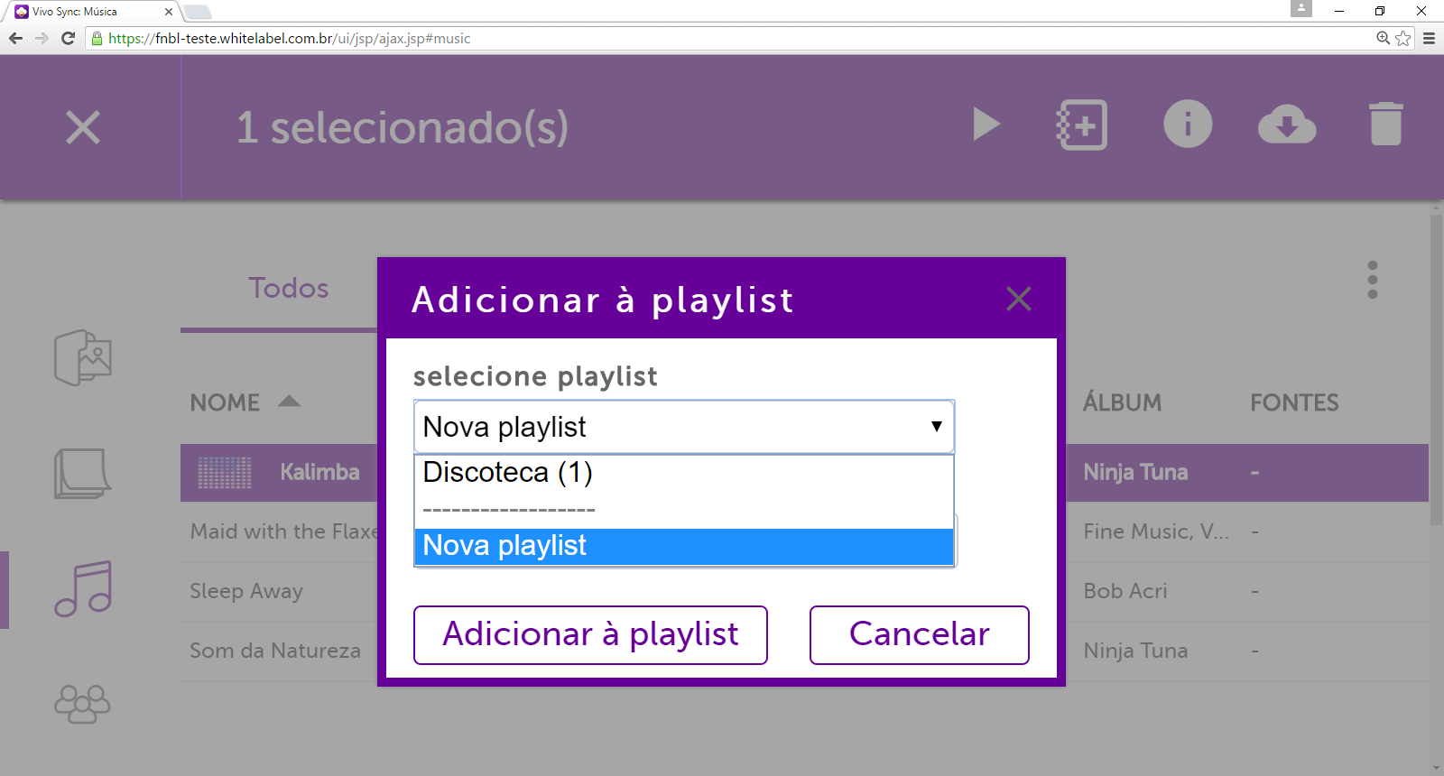 3.4.6 Adicionar a Playlist Ao selecionar uma música, surgirá uma barra de ferramentas para: Tocar, Adicionar a playlist, Obter informação, Download e