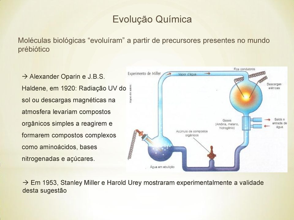 Haldene, em 1920: Radiação UV do sol ou descargas magnéticas na atmosfera levariam compostos orgânicos