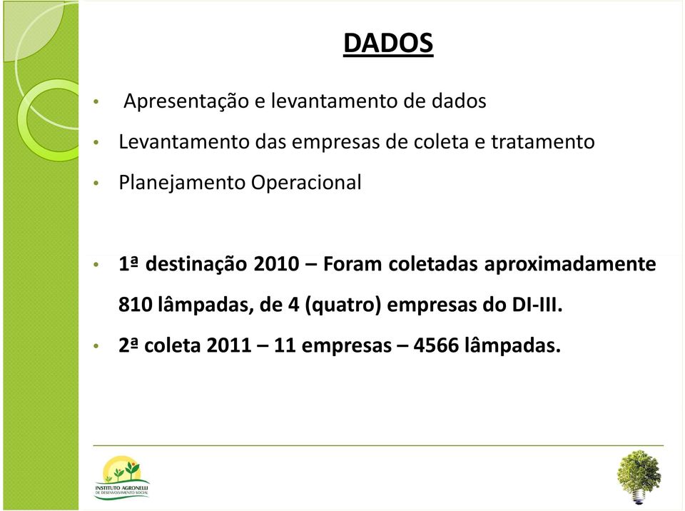 destinação 2010 Foram coletadas aproximadamente 810 lâmpadas, de