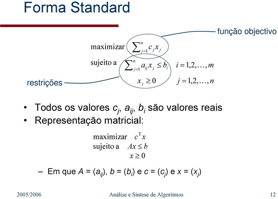 reais Representação matricial: maimizar T c sueito a A b 0 Em que A = (a i