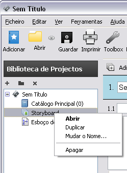 Figura 3. Ambiente de trabalho e interface do Celtx 3. Na zona lateral esquerda encontramos a Biblioteca de Projectos e as Sequências.