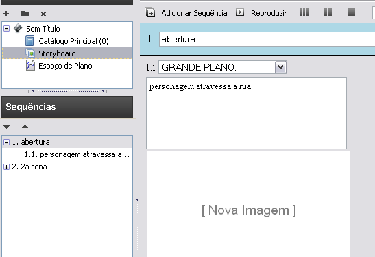 Em Sequências, como o nome indica, visualizamos por ordem decrescente as sequências ou cenas que compõem o nosso storyboard e, se pretendermos, também os planos correspondentes (figura 4). Figura 4.