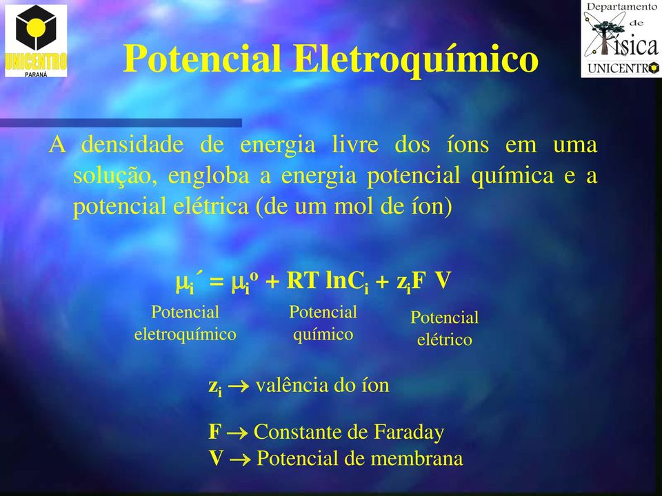 i = io + RT lnc i + z i F V Potencial eletroquímico Potencial químico z i