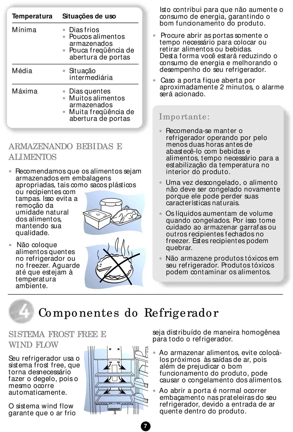 Isso evita a remoção da umidade natural dos alimentos, mantendo sua qualidade. Não coloque alimentos quentes no refrigerador ou no freezer. Aguarde até que estejam à temperatura ambiente.