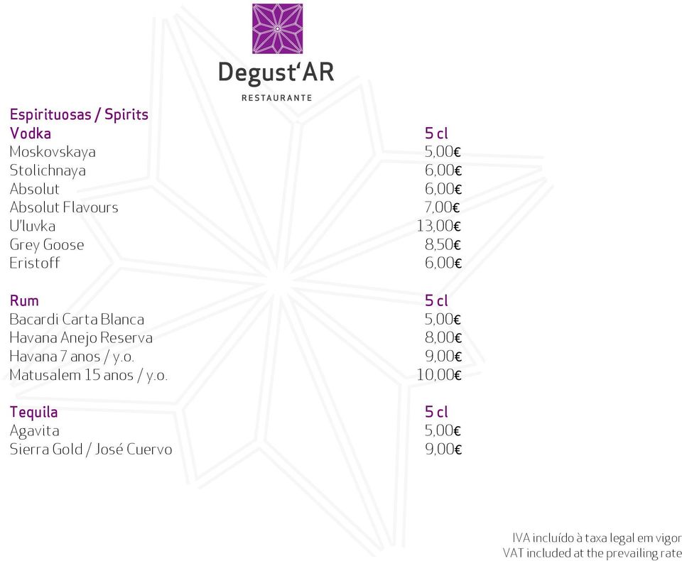 Bacardi Carta Blanca 5,00 Havana Anejo Reserva 8,00 Havana 7 anos / y.o. 9,00 Matusalem 15 anos / y.