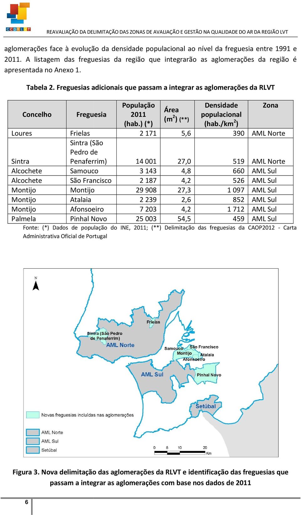 Freguesias adicionais que passam a integrar as aglomerações da RLVT Concelho Sintra Alcochete Alcochete Montijo Montijo Montijo Palmela Freguesia População Densidade Zona Área 2011 (m 2 populacional