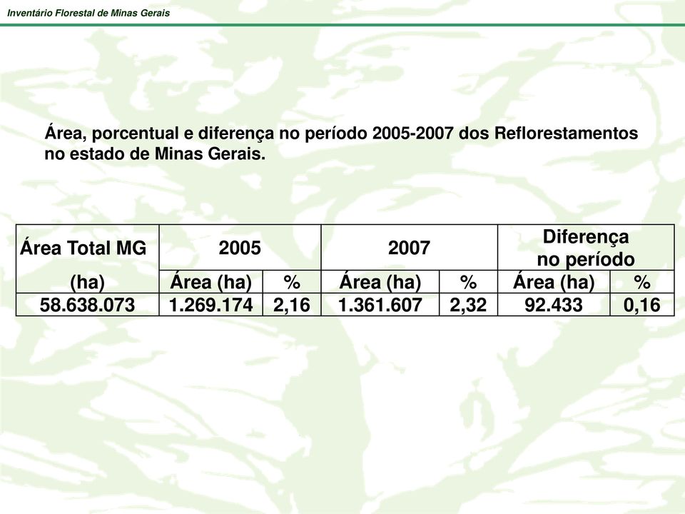 Área Total MG 2005 2007 Diferença no período (ha) Área