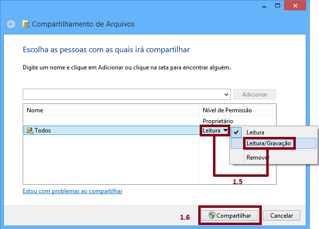 1.5 Depois, escolhemos no campo Nivel de permissão, Leitura e gravação,