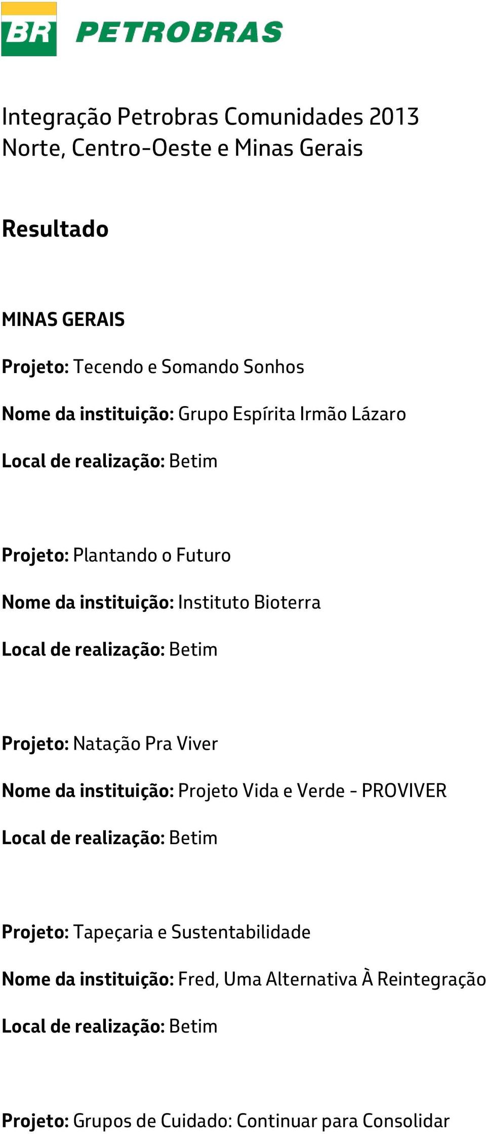 Instituto Bioterra Projeto: Natação Pra Viver Nome da instituição: Projeto Vida e Verde - PROVIVER Projeto: Tapeçaria