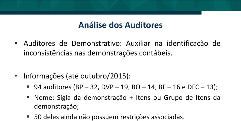 Informações (até outubro/2015): 94 auditores (BP 32, DVP 19, BO 14, BF 16 e DFC