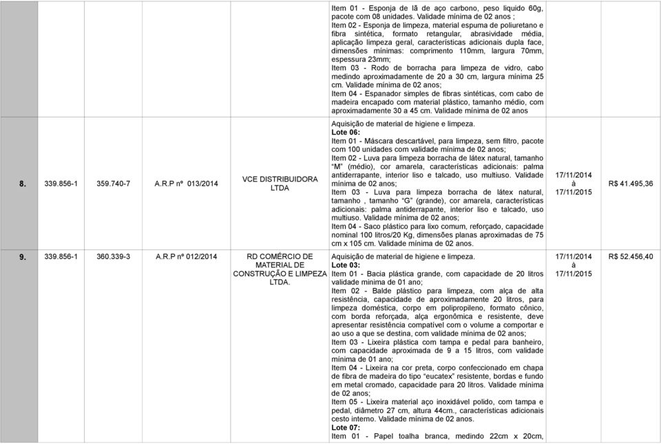 Validade mínima de 02 anos ; Item 02 - Esponja de limpeza, material espuma de poliuretano e fibra sintética, formato retangular, abrasividade média, aplicação limpeza geral, características