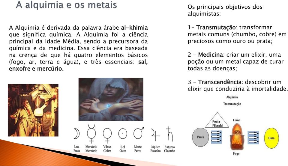 Essa ciência era baseada na crença de que há quatro elementos básicos (fogo, ar, terra e água), e três essenciais: sal, enxofre e mercúrio.