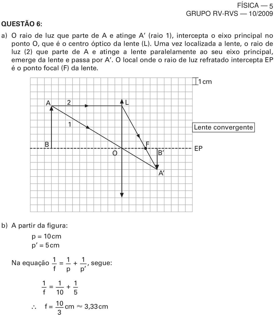 Uma vez localizada a lente, o raio de luz () que parte de A e atinge a lente paralelamente ao seu eixo principal, emerge da