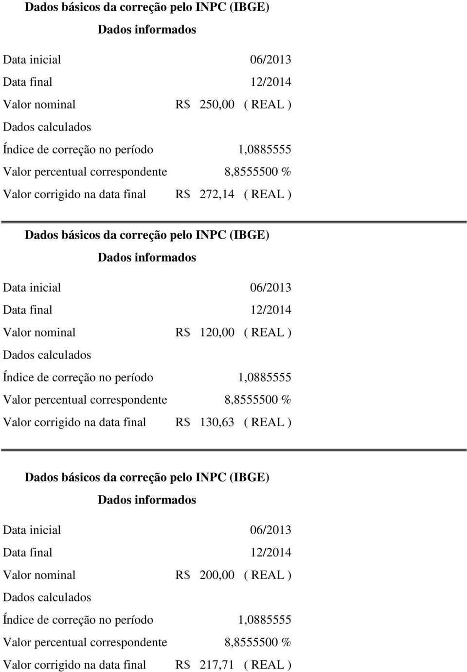 Valor corrigido na data final R$ 130,63 ( REAL ) Valor