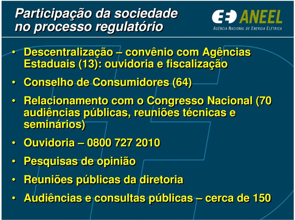 Congresso Nacional (70 audiências públicas, reuniões técnicas e seminários) Ouvidoria 0800 727