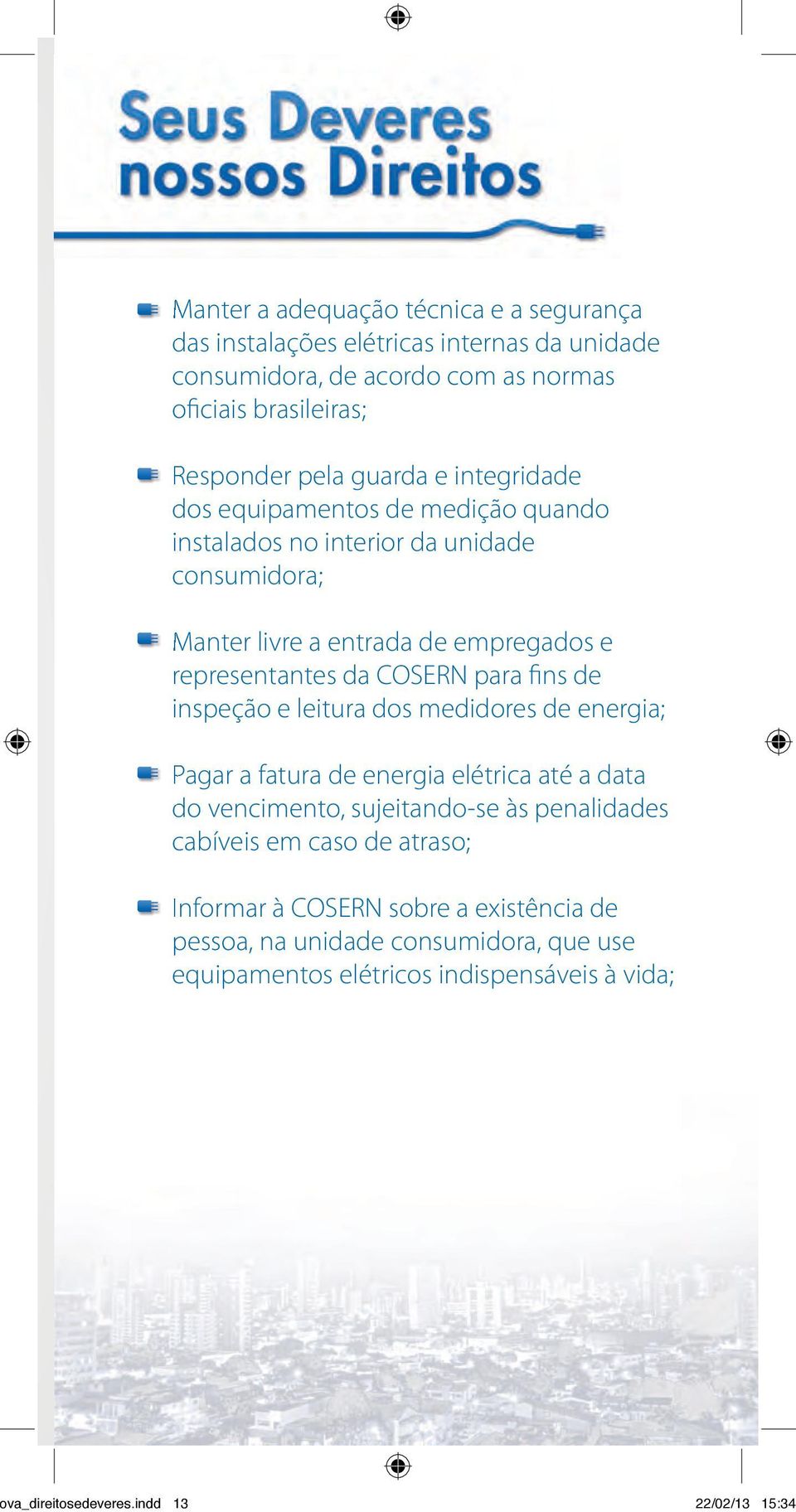 fins de inspeção e leitura dos medidores de energia; Pagar a fatura de energia elétrica até a data do vencimento, sujeitando-se às penalidades cabíveis em caso de