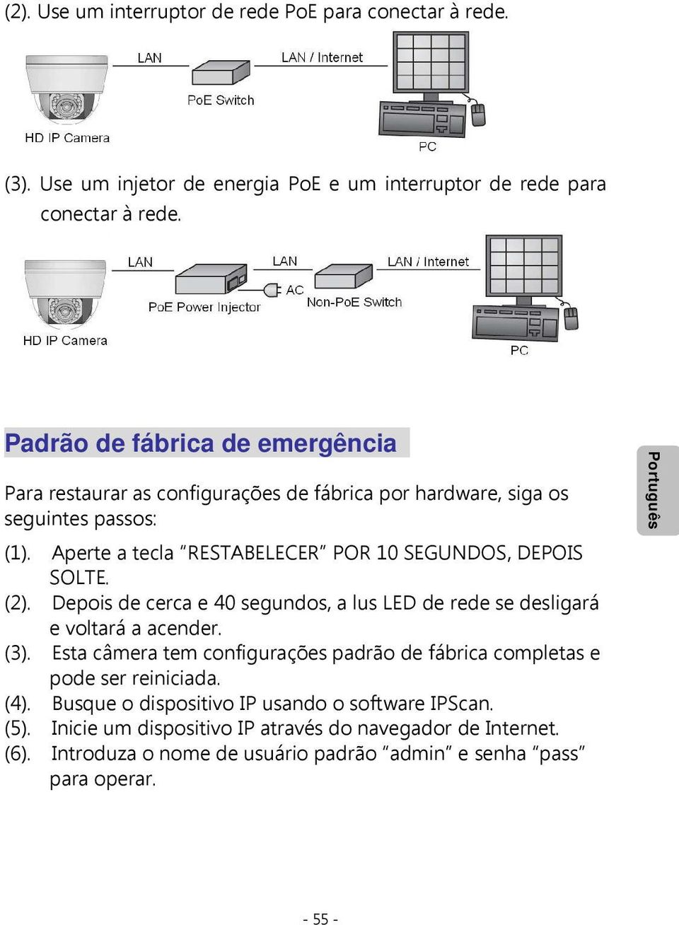 Aperte a tecla RESTABELECER POR 10 SEGUNDOS, DEPOIS SOLTE. (2). Depois de cerca e 40 segundos, a lus LED de rede se desligará e voltará a acender. (3).