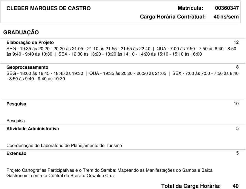 19:30 QUA - 19:35 às 20:20-20:20 às 21:05 SEX - 7:00 às 7:50-7:50 às 8: - 8:50 às 9: - 9: às 10:30 10 Atividade Administrativa 5 Coordenação do Laboratório de