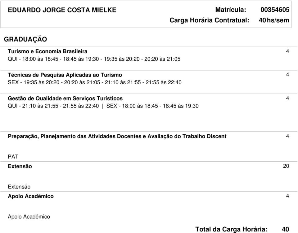 21:55-21:55 às 22: Gestão de Qualidade em Serviços Turísticos 4 QUI - 21:10 às 21:55-21:55 às 22: SEX - 18:00 às 18:45-18:45 às