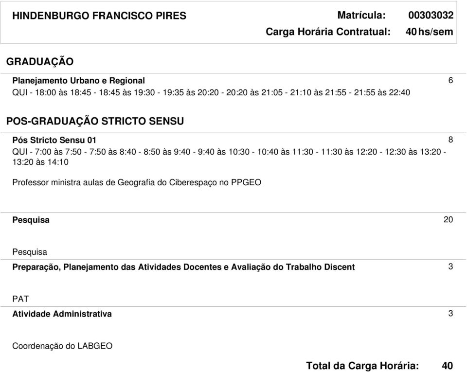 8:50 às 9: - 9: às 10:30-10: às 11:30-11:30 às 12:20-12:30 às 13:20-13:20 às 14:10 Professor ministra aulas de Geografia do Ciberespaço no