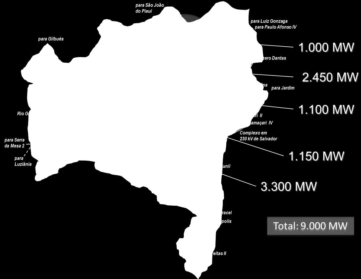 4.6 Potencial Eólico Considerado Considerou-se um potencial eólico de 9000 MW na Bahia, com a entrada em operação de 30% (2700 MW) em 2018 e 60% (5400 MW) em 2021.