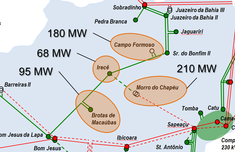 Figura 5-2 Geração Eólica Contratada na Região Central da Bahia com Previsão de Entrada até 2017 A Figura 5-3 a seguir mostra o fluxo de potência no sistema elétrico da região central da Bahia no ano