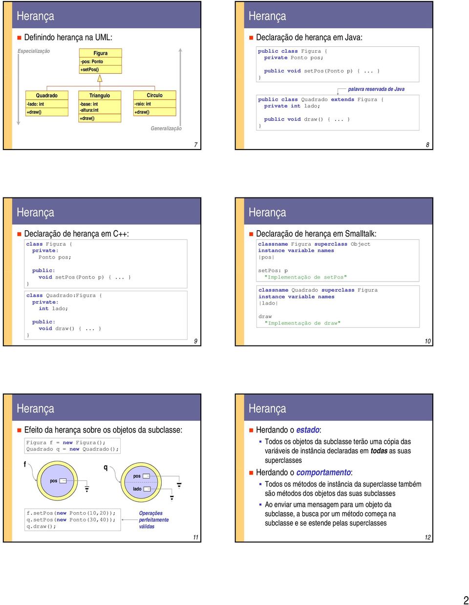 .. palavra reservada de Java 7 8 Declaração de herança em C++: class Figura { private: Ponto pos; Declaração de herança em Smalltalk: classname Figura superclass Object instance variable names pos