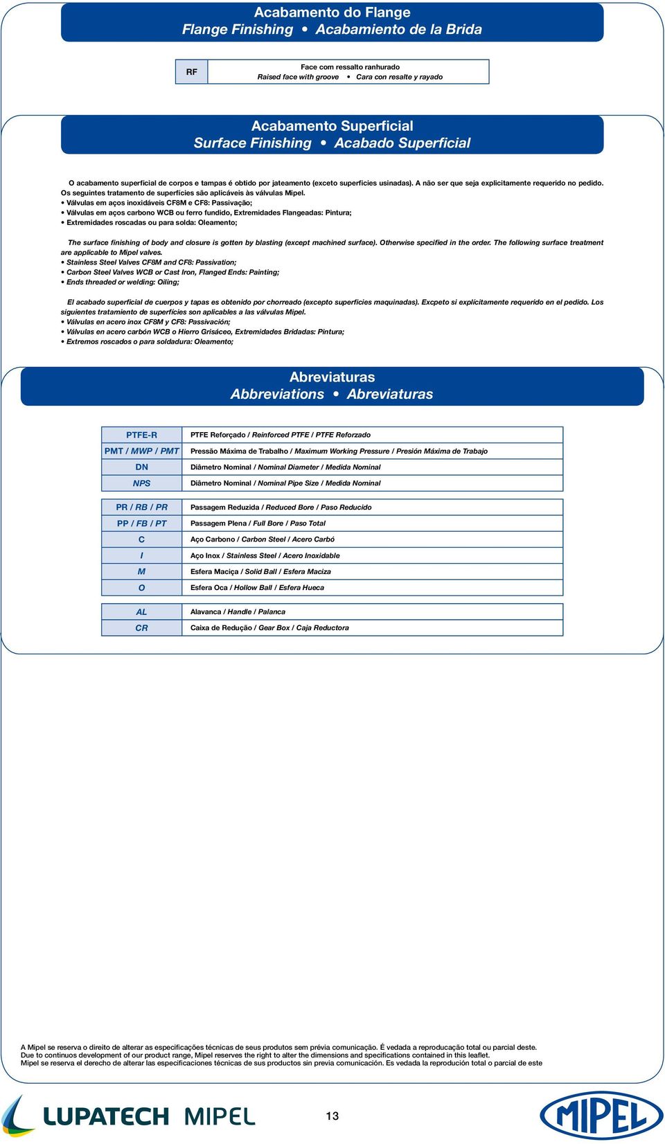 Os seguintes tratamento de superfícies são aplicáveis às válvulas Mipel.