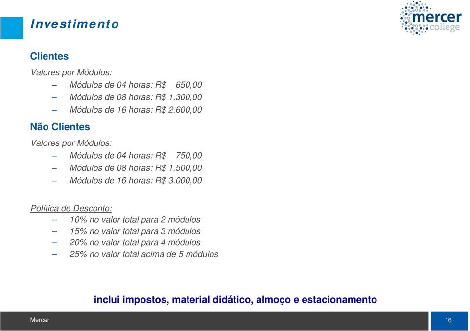 600,00 Não Clientes Valores por Módulos: Módulos de 04 horas: R$ 750,00 Módulos de 08 horas: R$ 1.