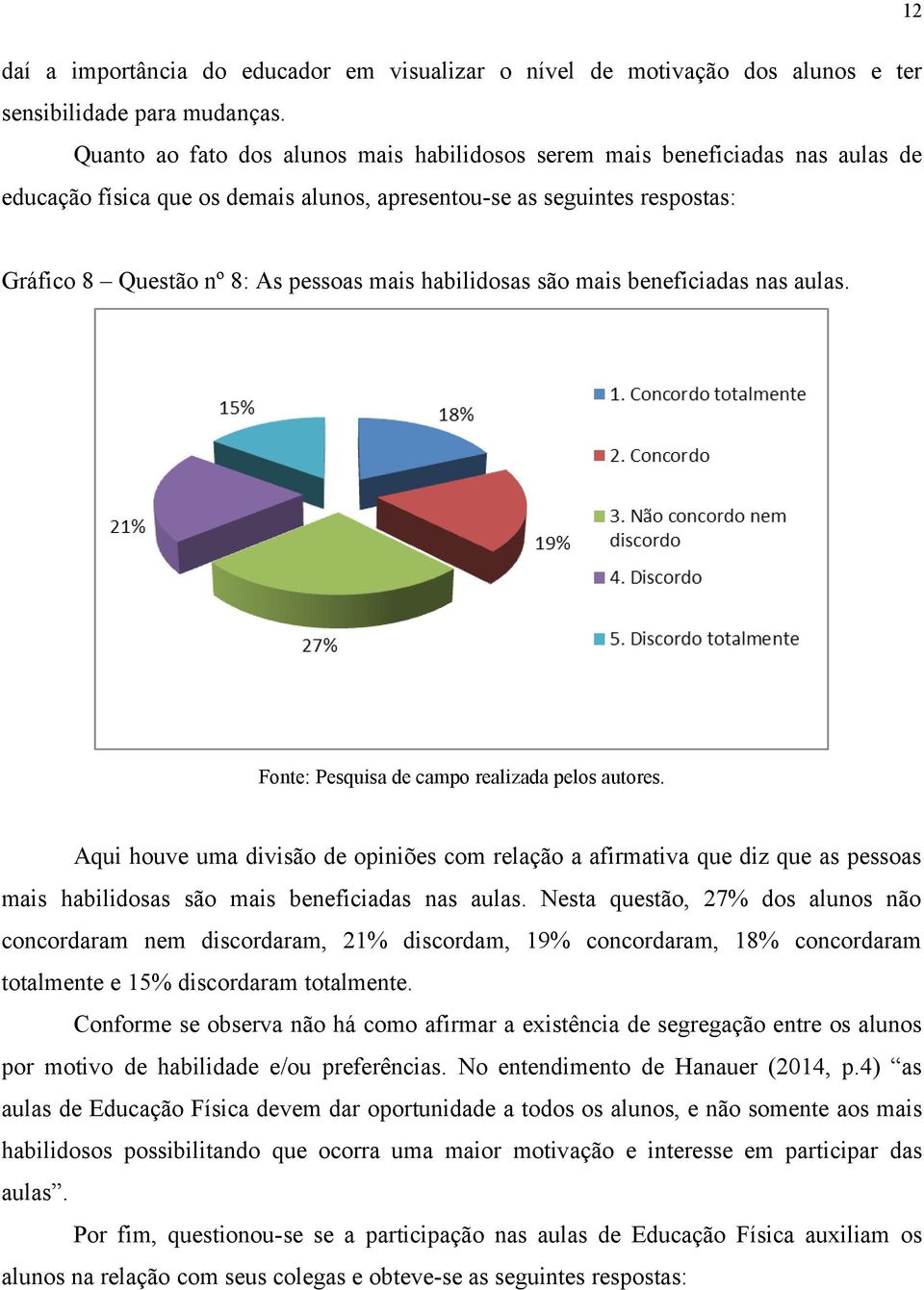 habilidosas são mais beneficiadas nas aulas. Aqui houve uma divisão de opiniões com relação a afirmativa que diz que as pessoas mais habilidosas são mais beneficiadas nas aulas.