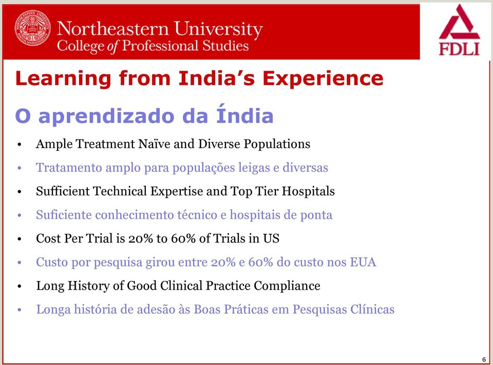 e hospitais de ponta Cost Per Trial is 20% to 60% of Trials in US Custo por pesquisa girou entre 20% e 60% do custo nos