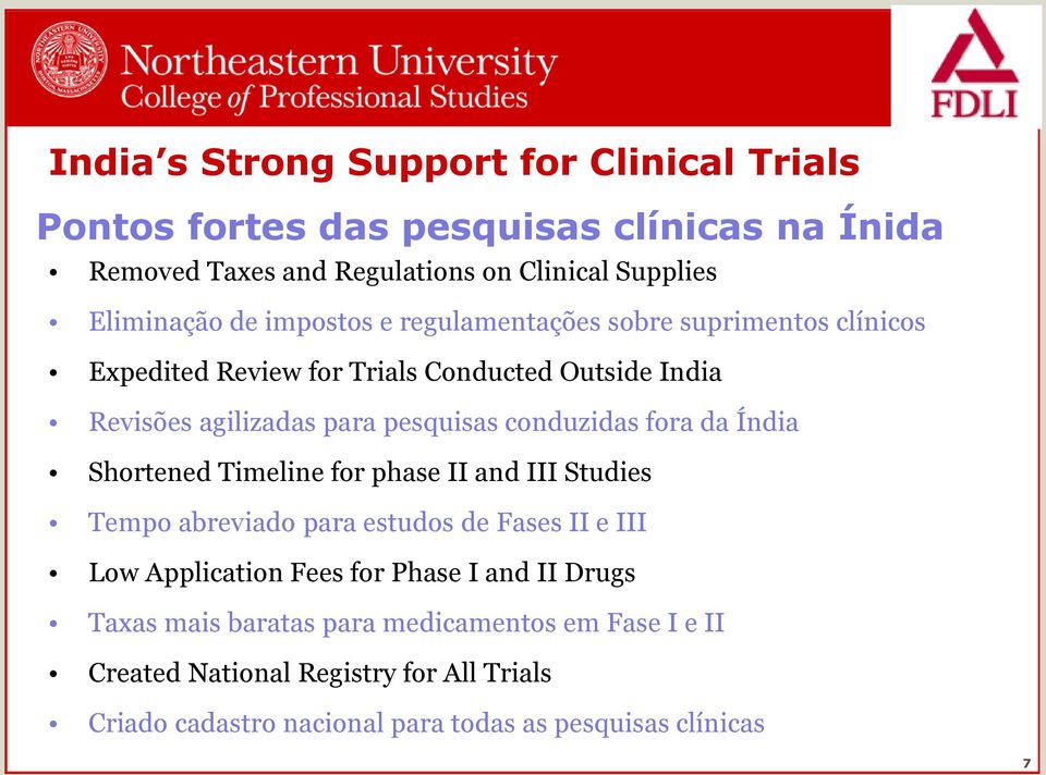 fora da Índia Shortened Timeline for phase II and III Studies Tempo abreviado para estudos de Fases II e III Low Application Fees for Phase I and II