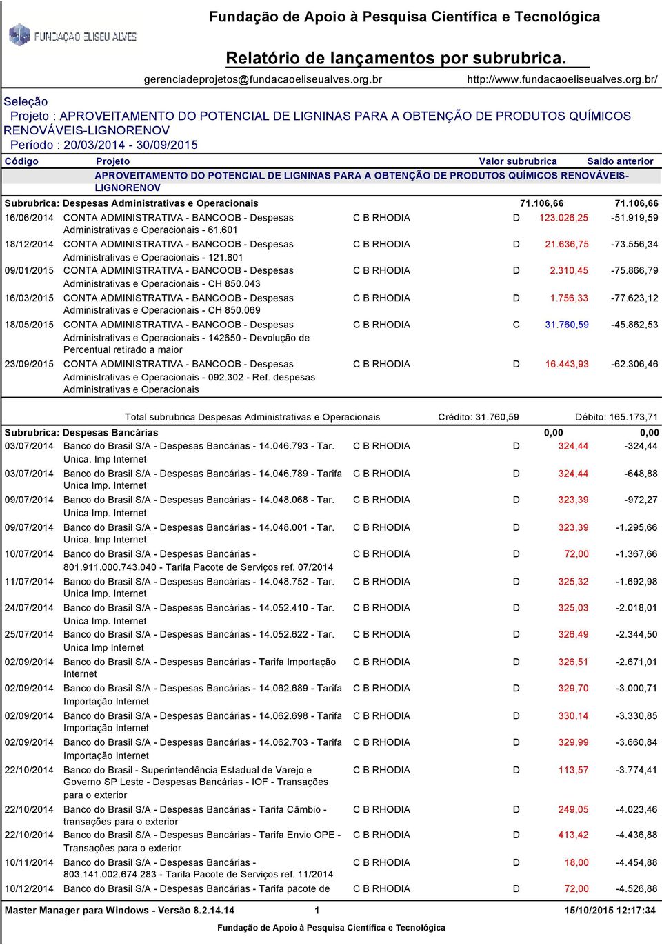106,66 16/06/2014 CONTA ADMINISTRATIVA - BANCOOB - Despesas Administrativas e Operacionais - 61.601 18/12/2014 CONTA ADMINISTRATIVA - BANCOOB - Despesas Administrativas e Operacionais - 121.