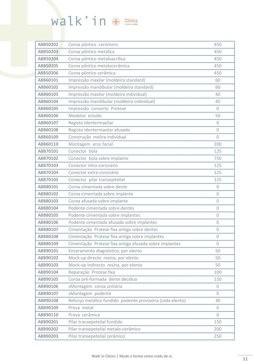 individual) 40 A8B60105 Impressão conserto Protese 0 A8B60106 Modelos estudo 50 A8B60107 Registo identermaxilar 0 A8B60108 Registo identermaxilar afusado 0 A8B60109 Construção molira individual 0