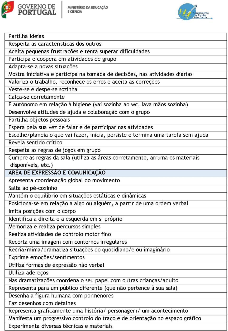 relação à higiene (vai sozinha ao wc, lava mãos sozinha) Desenvolve atitudes de ajuda e colaboração com o grupo Partilha objetos pessoais Espera pela sua vez de falar e de participar nas atividades