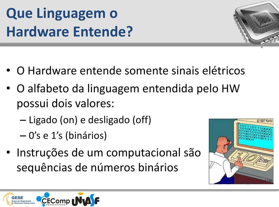 linguagem entendida pelo HW possui dois valores: Ligado (on) e