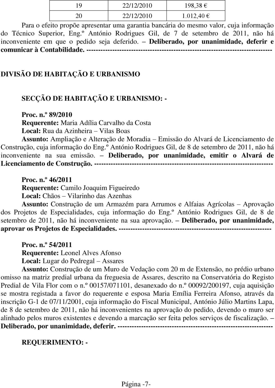 Eng.º António Rodrigues Gil, de 8 de setembro de 2011, não há inconveniente na sua emissão. Deliberado, por unanimidade, emitir o Alvará de Licenciamento de Construção.