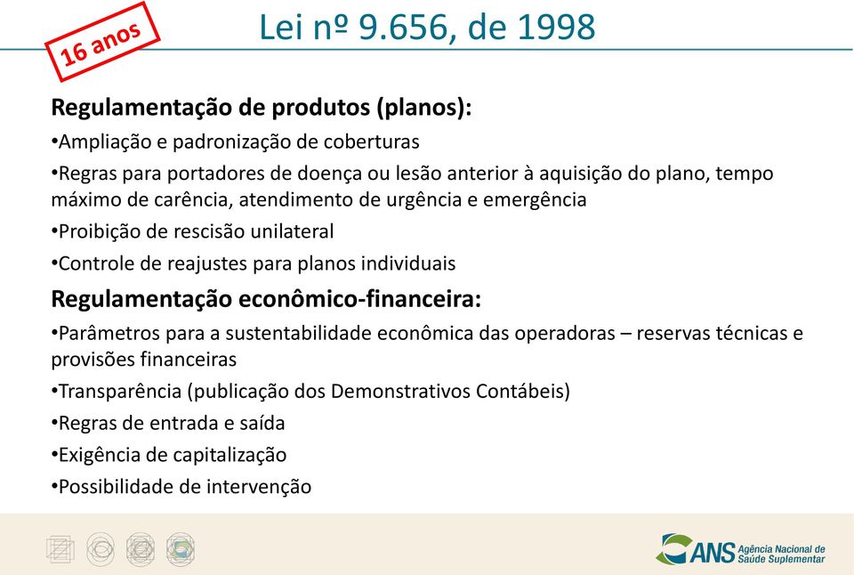 aquisição do plano, tempo máximo de carência, atendimento de urgência e emergência Proibição de rescisão unilateral Controle de reajustes para