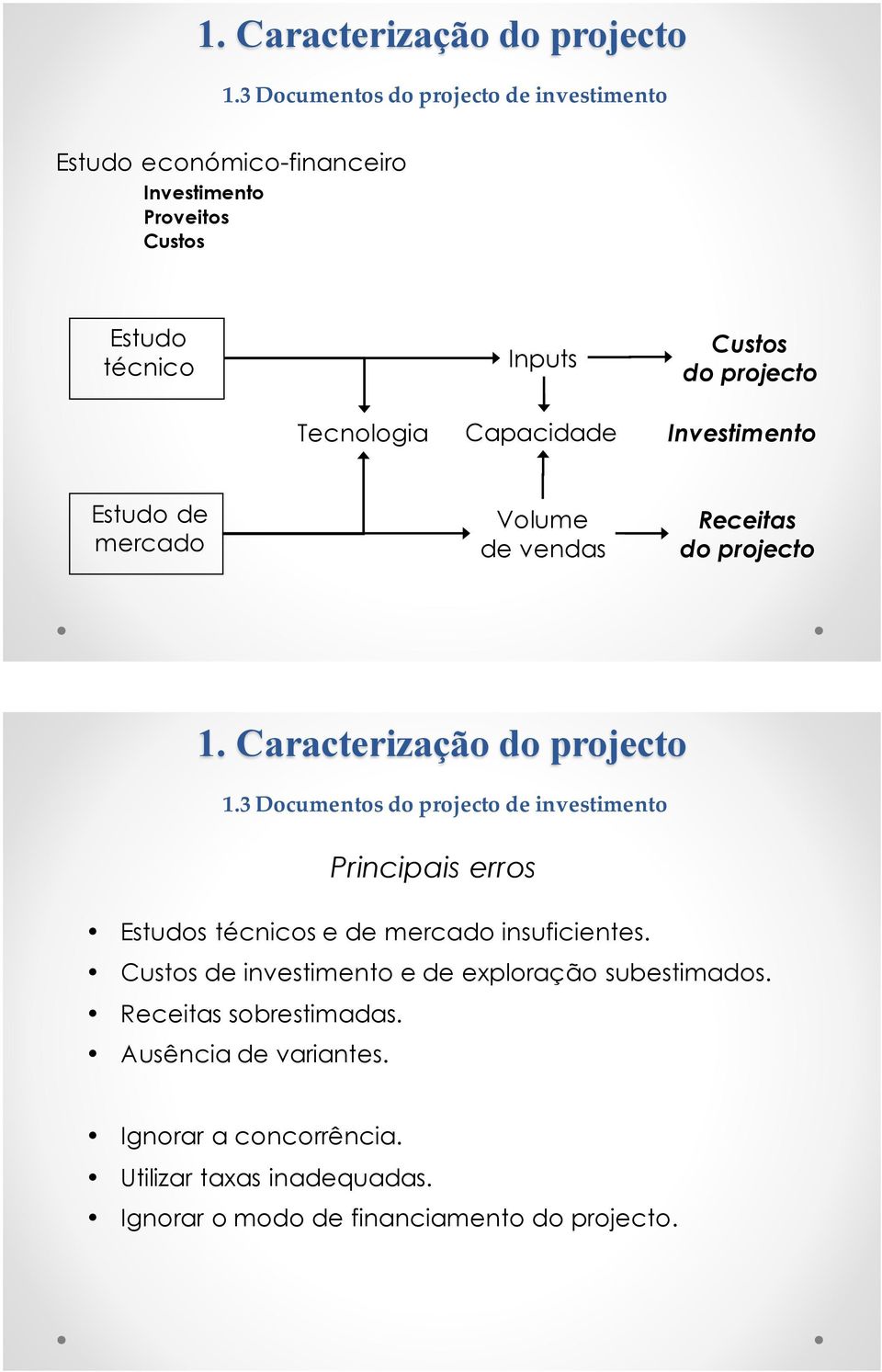 Tecnologia Capacidade Investimento Estudo de mercado Volume de vendas Receitas do projecto 3 Documentos do projecto de investimento Principais erros