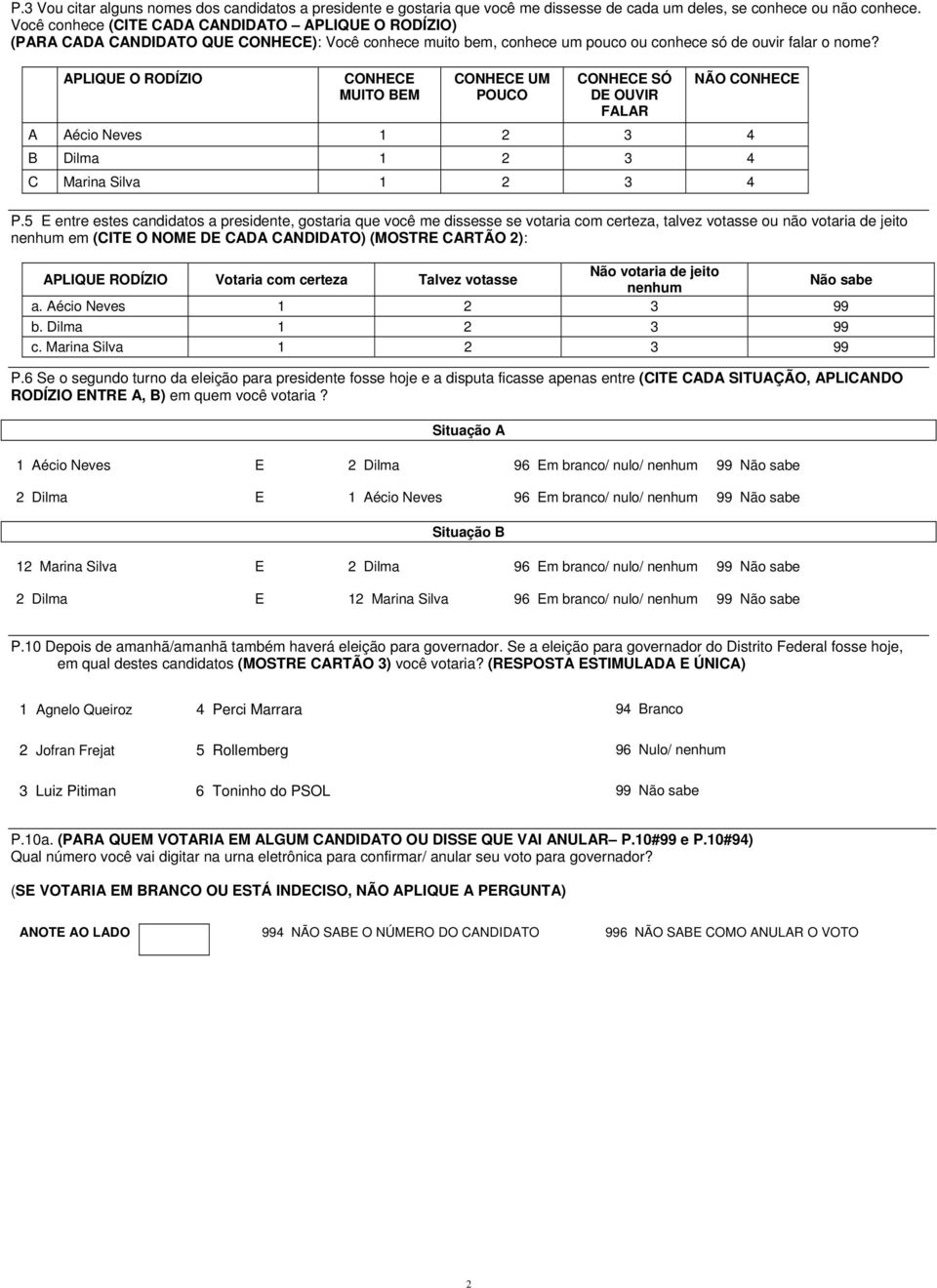 APLIQUE O RODÍZIO CONHECE MUITO BEM CONHECE UM POUCO CONHECE SÓ DE OUVIR FALAR NÃO CONHECE A Aécio Neves 1 2 3 4 B Dilma 1 2 3 4 C Marina Silva 1 2 3 4 P.