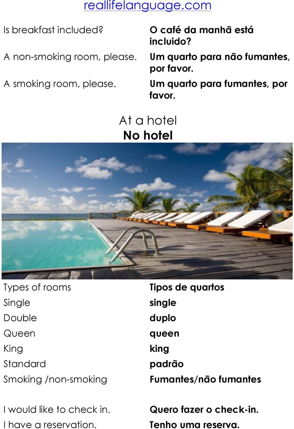 At a hotel No hotel Types of rooms Single Double Queen King Standard Smoking /non-smoking Tipos de quartos