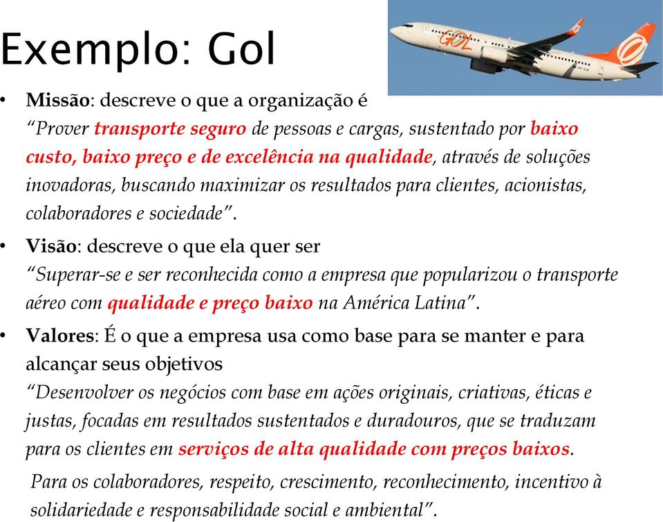 Visão: descreve o que ela quer ser Superar-se e ser reconhecida como a empresa que popularizou o transporte aéreo com qualidade e preço baixo na América Latina.
