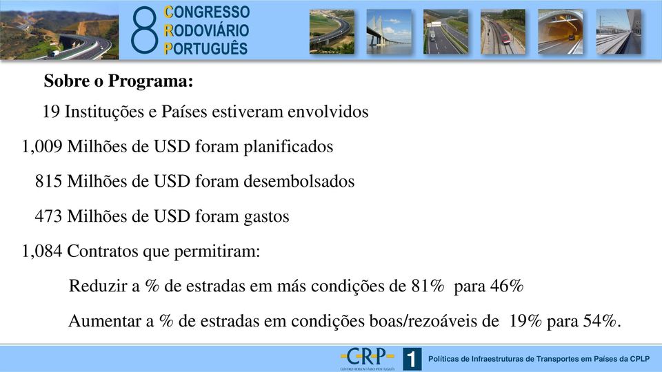 foram gastos,084 Contratos que permitiram: Reduzir a % de estradas em más