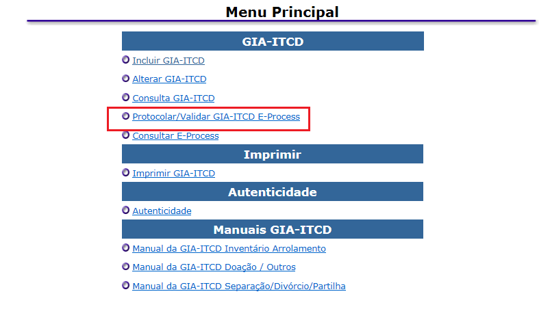 Sistema ITCD, disponível no portal da SEFAZ, Menu