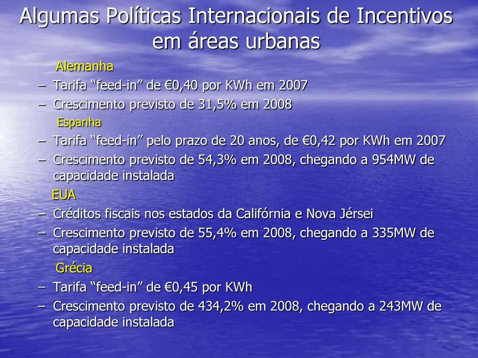 de capacidade instalada EUA Créditos fiscais nos estados da Califórnia e Nova Jérsei Crescimento previsto de 55,4% em 2008, chegando a