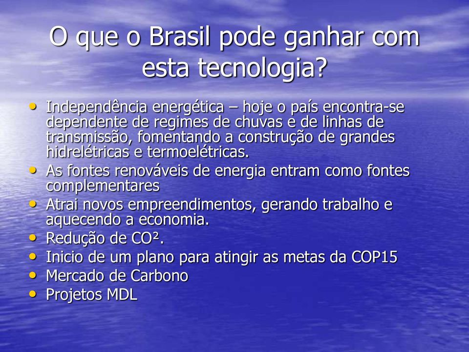 fomentando a construção de grandes hidrelétricas e termoelétricas.