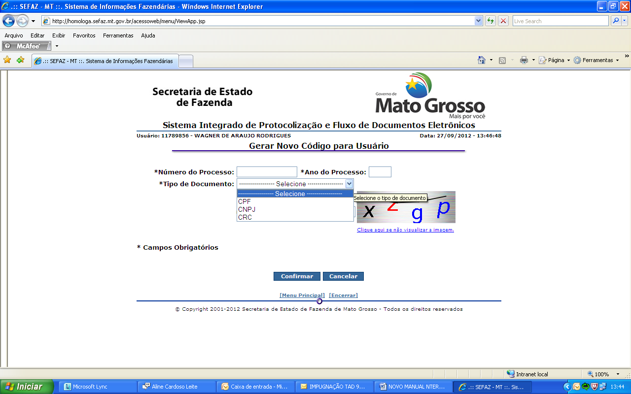 09- Gerar Novo Código de Usuário Esta funcionalidade foi criada para que o contribuinte que perdeu o código de usuário, necessário para consultar andamento do processo ou anexar documentos ao mesmo,